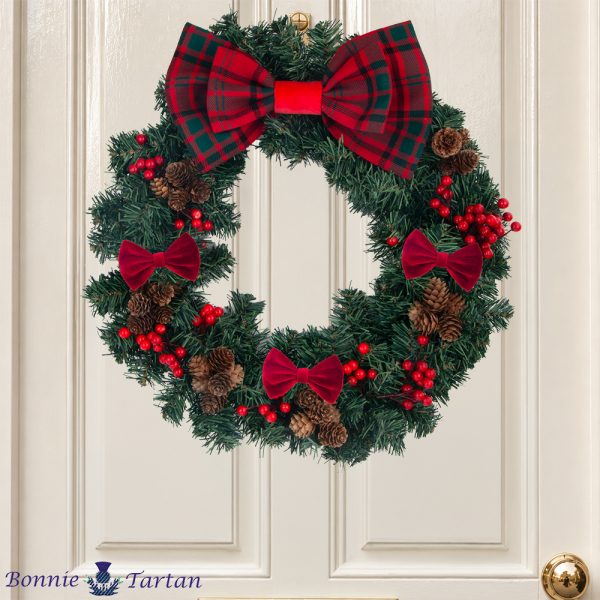 Evergreen Tartan Bow Wreath on door