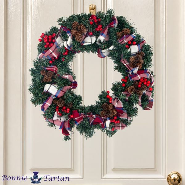 Evergreen Tartan Fabric Wrap Wreath on door